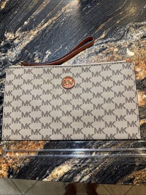 Michael Kors Beige and Brown MK Logo Wristlet Pouch